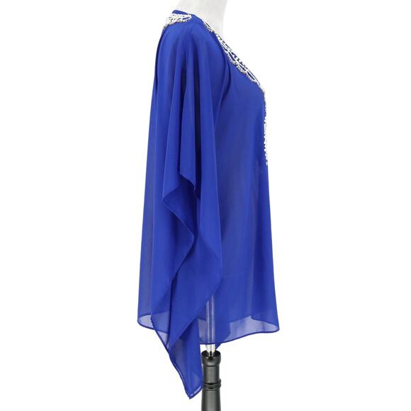 Chicos Top Womens Small Medium Blue Beaded Blouse Chiffon Lined Batwing Sleeves - Picture 5 of 13
